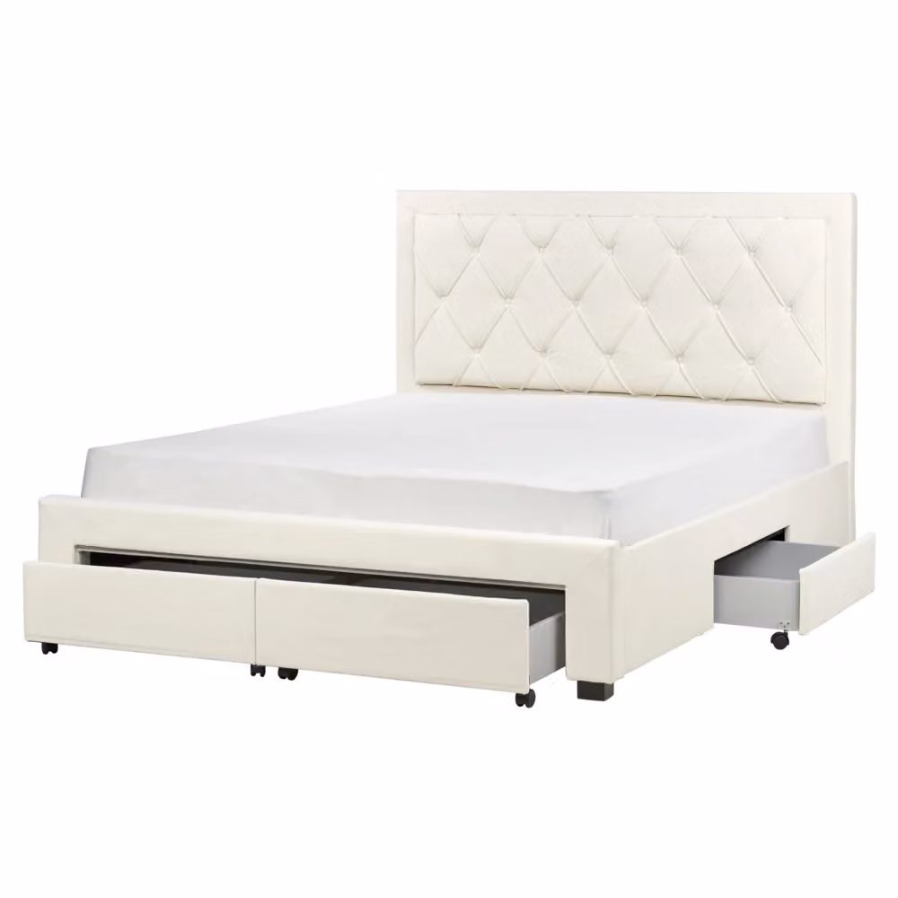Letto matrimoniale contenitore Glam Design in velluto beige con cassetti e testiera alta trapuntata L/P/H: 160 x 200 x 165 cm – 2