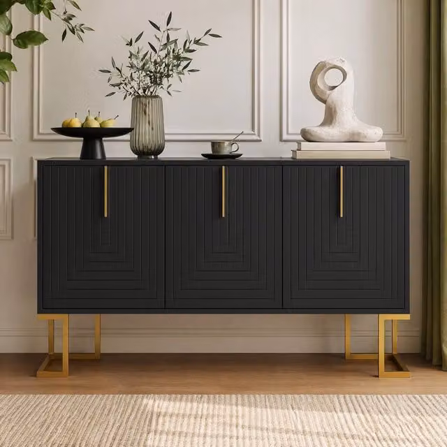 Credenza moderna Mivray a 3 ante con ripiani regolabili in MDF e metallo nera opaca per soggiorno, cucina e sala da pranzo