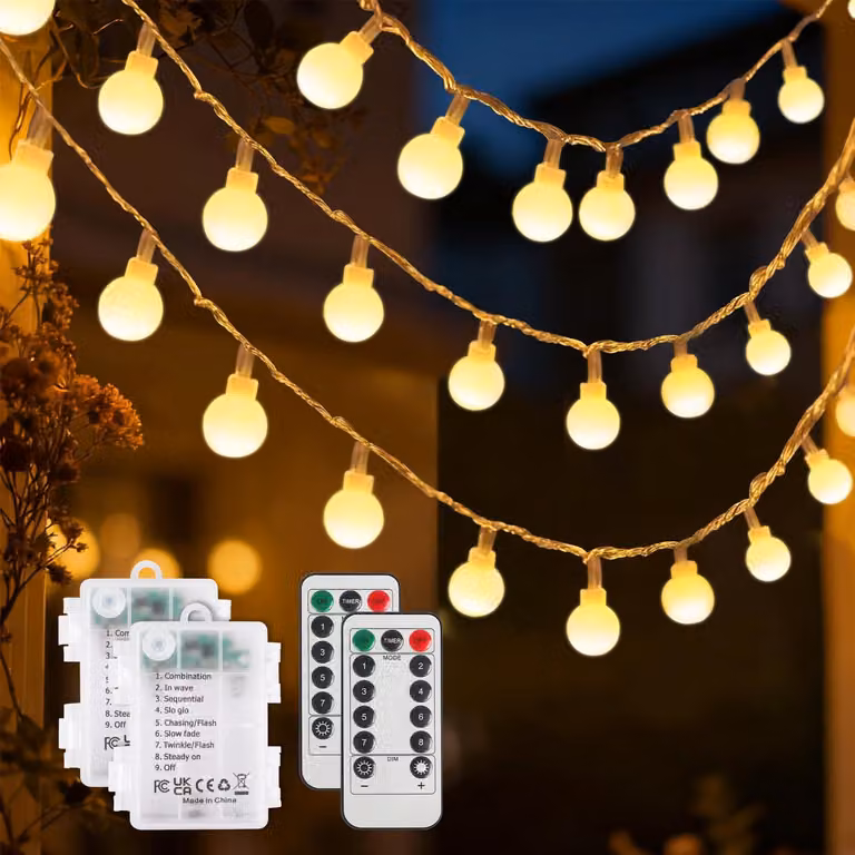 Catena luminosa a LED, 6 metri, 40 LED bianco caldo, alimentazione a batteria, grado di protezione IP44, confezione da 2