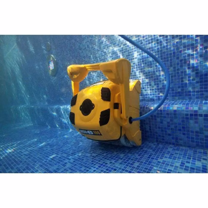 Robot pulitore per piscina Dolphin WAVE 100 Gyro RC di Maytronics con telecomando, colore giallo e spazzole combinate