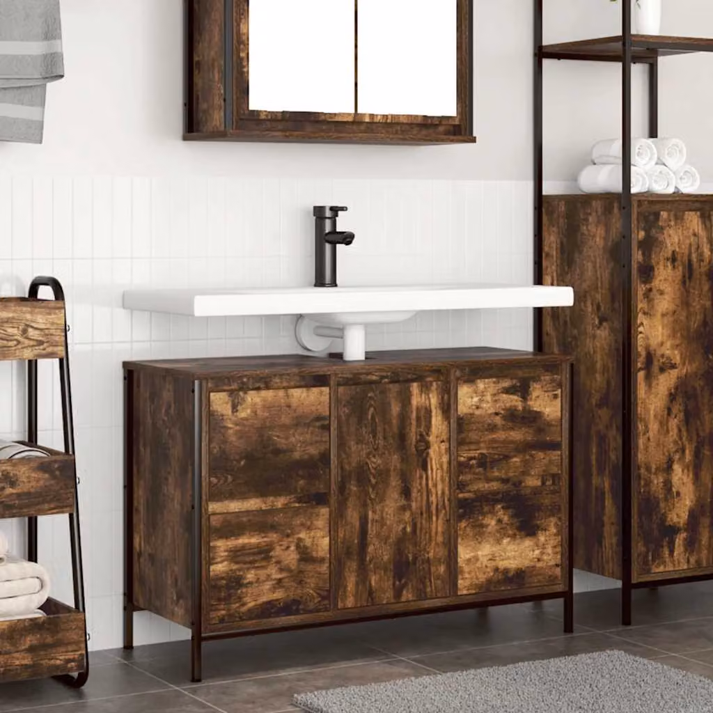 Mobile Lavabo con Cassetti vidaXL in Rovere Fumo, Stile Industrial, L: 90 cm, P: 34,5 cm, H: 60 cm