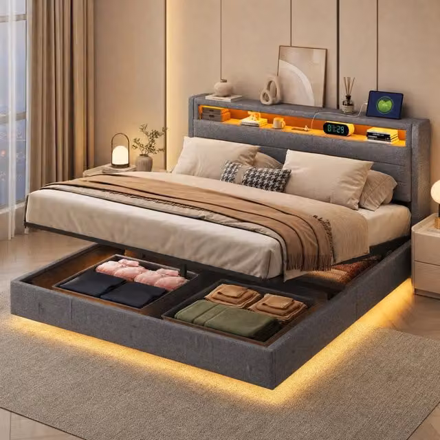 Letto matrimoniale imbottito ULEVR 160x200 cm con contenitore idraulico, LED RGB, presa USB e testiera girevole grigia