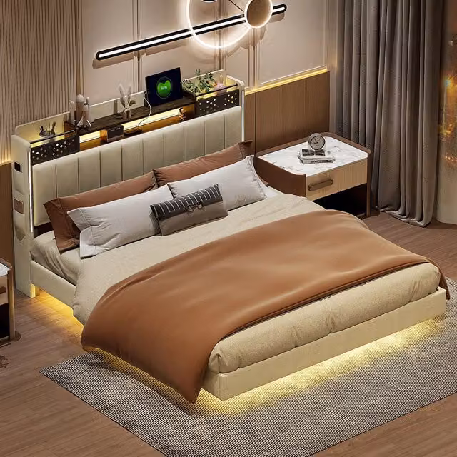 Letto matrimoniale - Xylo - 160x200 cm - Beige - Illuminazione LED e contenitore