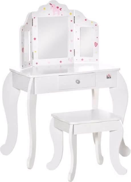 Set scrivania da trucco per bambini Minimal con specchio e sedia, colore bianco, L/P/H: 60 x 45 x 120 cm