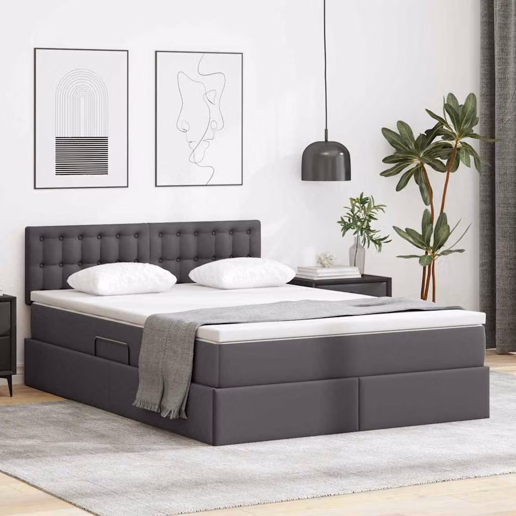vidaXL Letto con contenitore e materasso in ecopelle Grigio L: 140 cm, P: 200 cm, H: 204 cm – 1