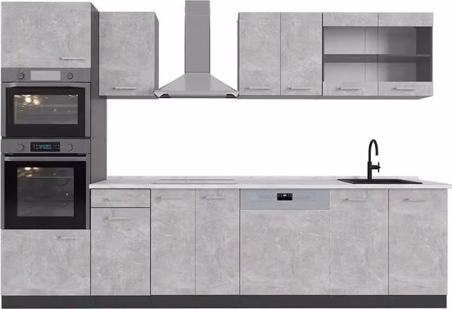 Cucina componibile moderna Vicco R-Line Calcestruzzo e Antracite con armadio alto e piano in marmo L: 300 cm