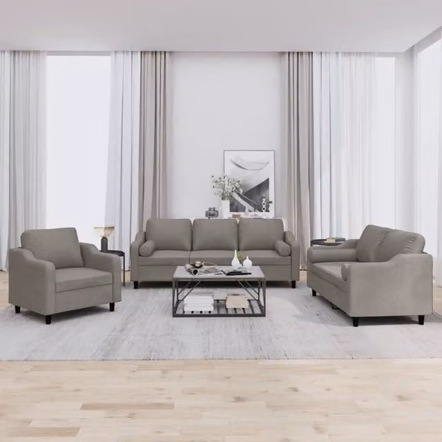 Set di divani 3 pezzi vidaXL in tessuto beige e grigio con cuscini e braccioli per soggiorno moderno