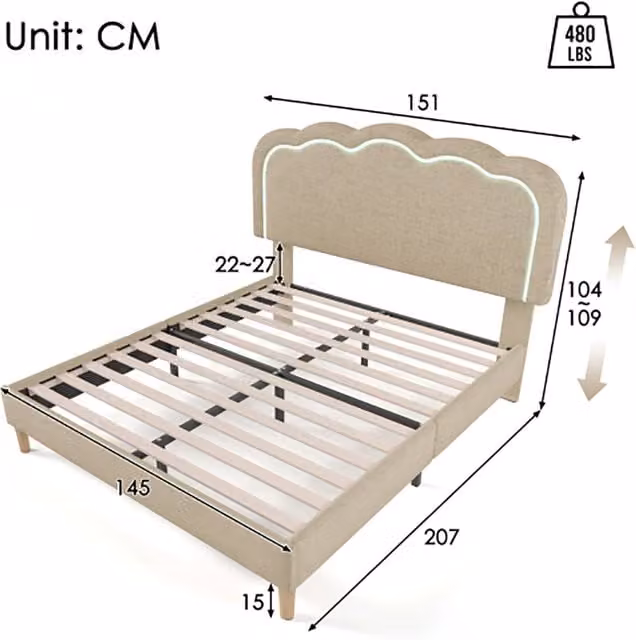Letto singolo LED 140x200 cm - Xylo - Testiera regolabile imbottita beige
