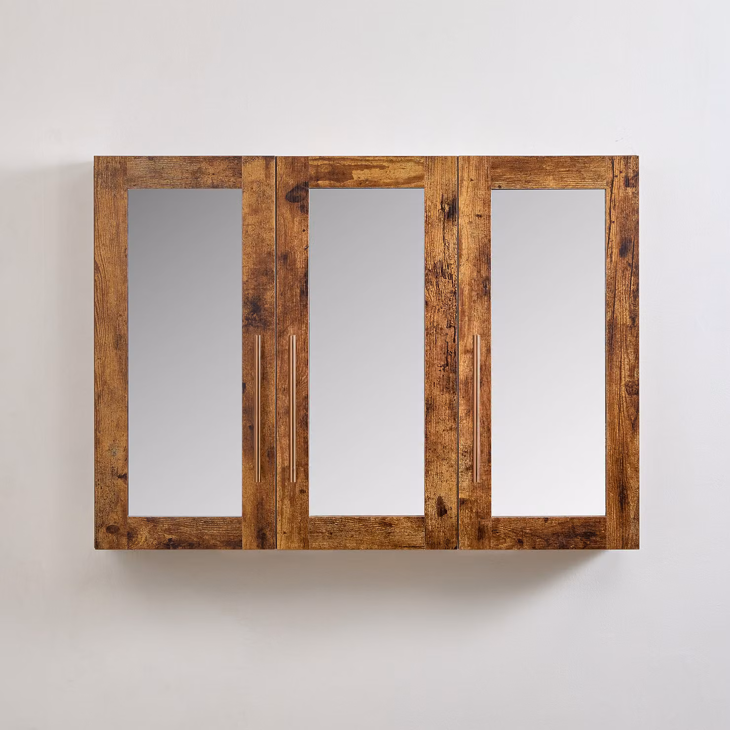 Mobiletto a Specchio da 600mm x 650mm en Rovere Scuro - Completo di Maniglie Moderne a Barra in Rame Satinato - Cluo