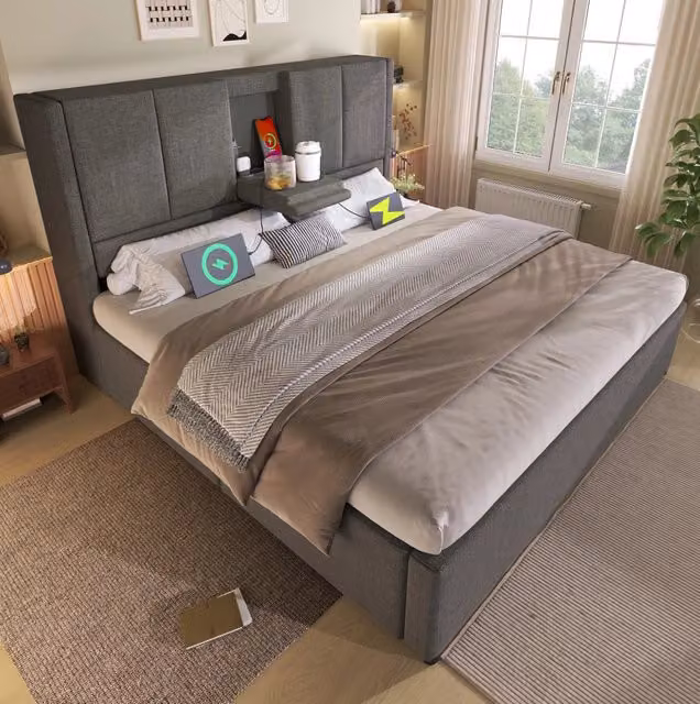 Letto matrimoniale ULEVR 140x200 cm con contenitore idraulico, portabicchieri e ricarica USB/Type-C, lino grigio