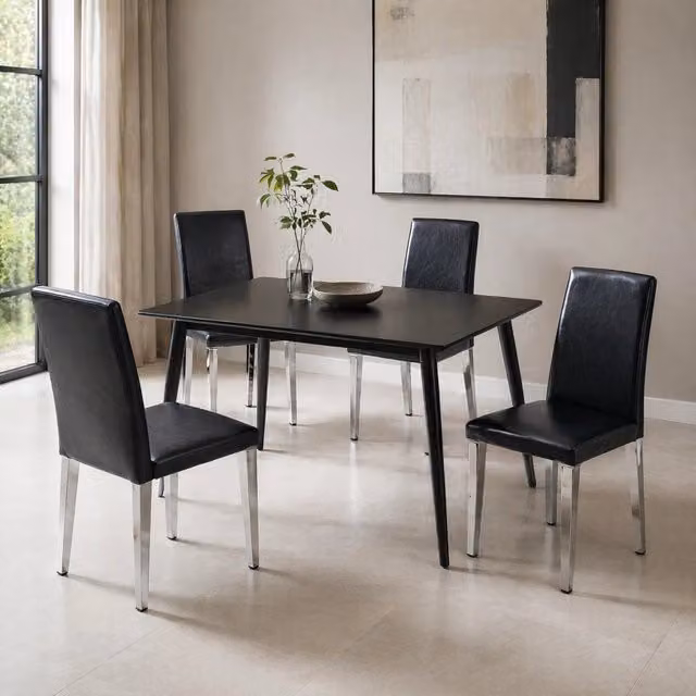 Set di 4 sedie da pranzo moderne REDOM in ecopelle e metallo, colore nero e argento, altezza 90 cm