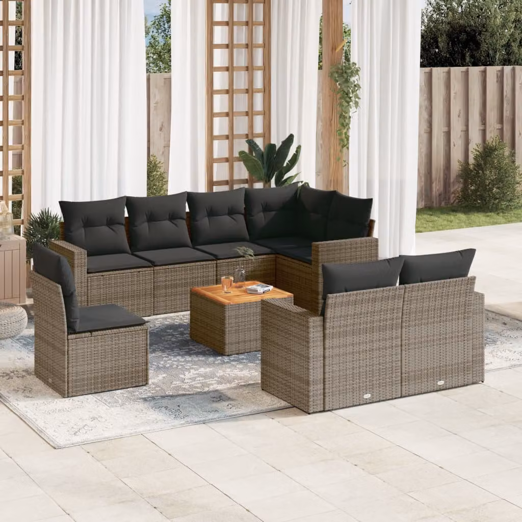 vidaXL Set Divano da Giardino 9 pz a forma di U in Polyrattan Grigio con Cuscini e Tavolino – 1