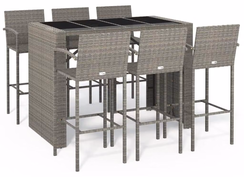Set da giardino composto da 7 pezzi, colore grigio, realizzato in rattan sintetico