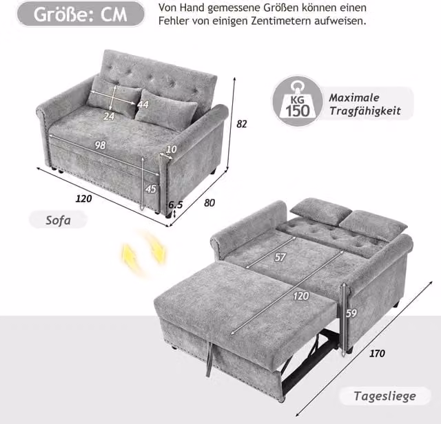 Divano letto 2 posti ¨C Minimal ¨C tessuto chenille beige con 2 cuscini