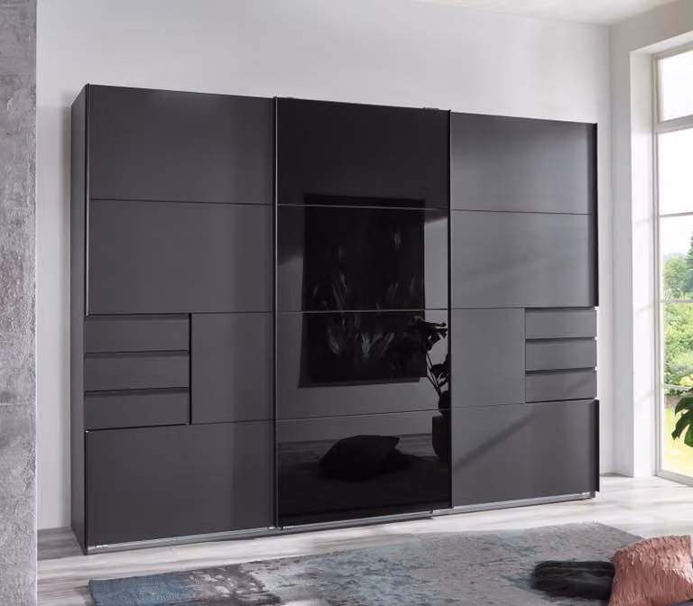 Armadio ad ante scorrevoli - 270 x 208 cm - 6 cassetti - Decoro grafite opaco - con specchio