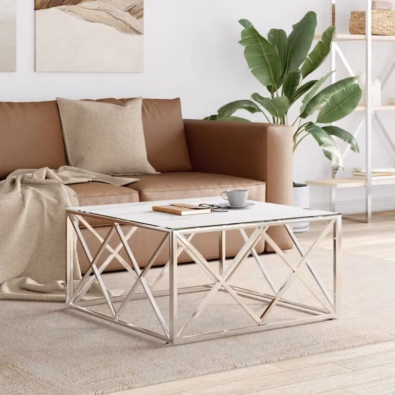 Tavolino The Living Store silver 80x80x40 cm in acciaio inox e vetro