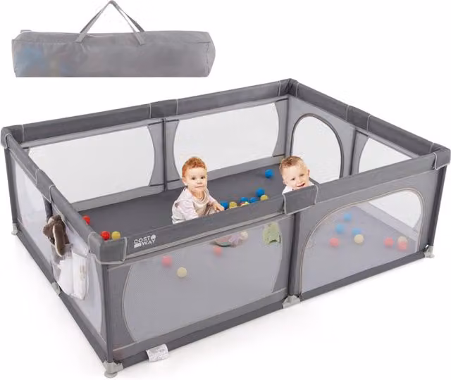 Recinto per bambini pieghevole con rete traspirante e tasca portaoggetti, Box giochi per neonati Grigio scuro L/P/H: 206 x 147 x 68,5 cm