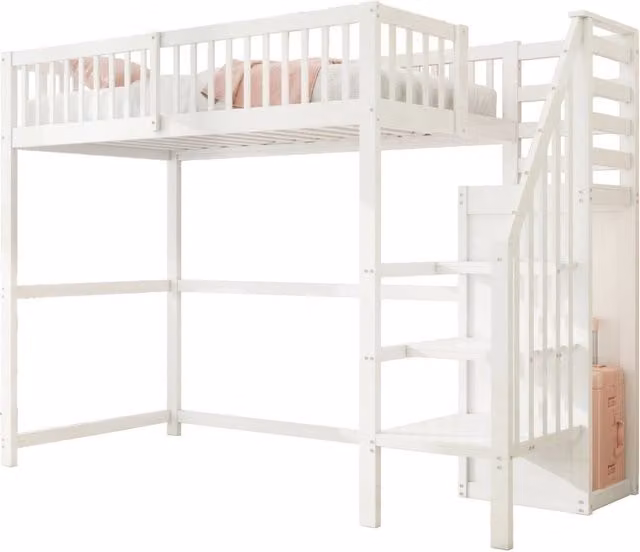 Letto a soppalco per bambini 90x200 cm con scala e armadio; legno bianco