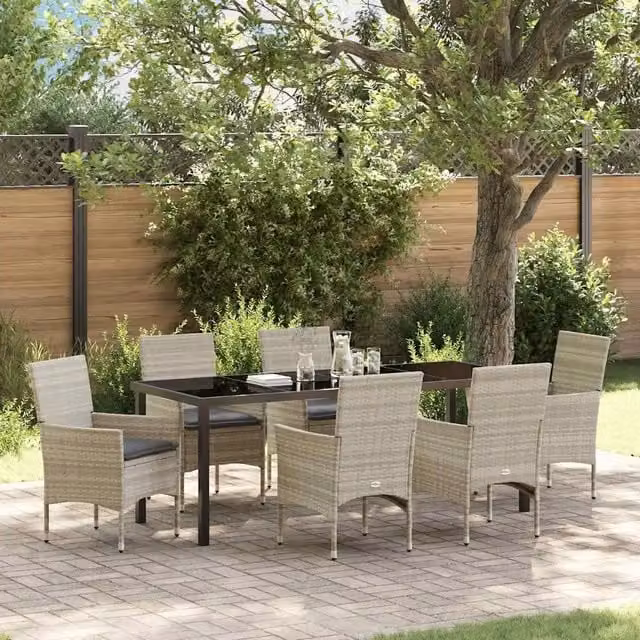Set da pranzo per giardino e terrazzo vidaXL in polyrattan e vetro, 7 pezzi, grigio – 1