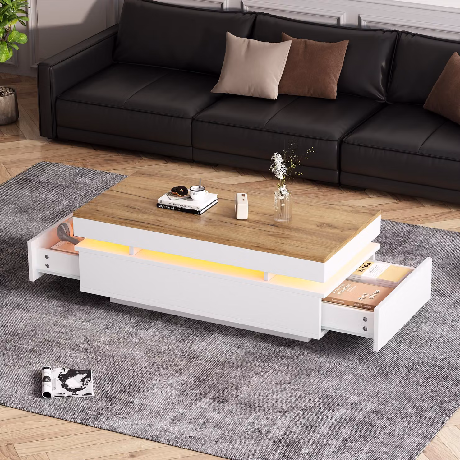 Merax Tavolino lucido con LED, tavolino da salotto con 2 cassetti, tavolino da tè con illuminazione d'atmosfera, tavolino ausiliario in MDF, naturale