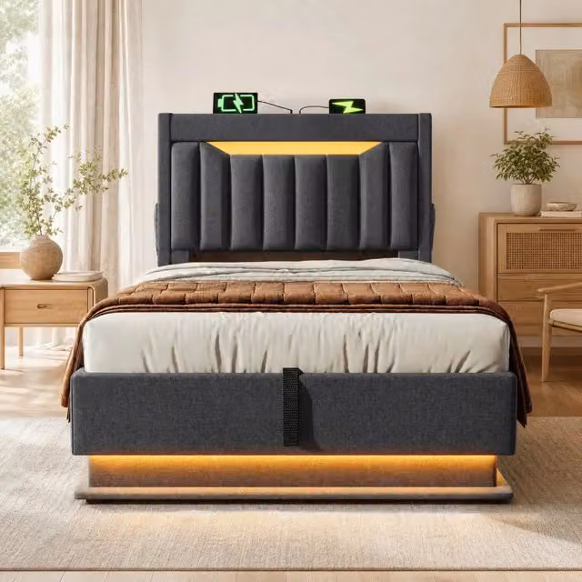 Letto singolo 90x200 cm con contenitore idraulico; LED; USB e Type-C; lino grigio