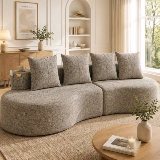 Divano ULEVR 240x109x60 cm in lino khaki con 4 cuscini, portabevande e tasche laterali