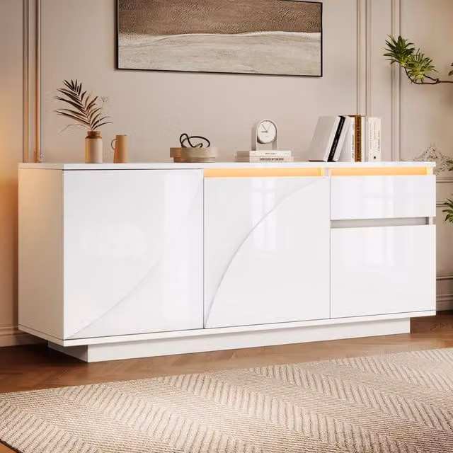 Mobile Credenza con LED ¨C MINIMAL ¨C Bianco Lucido, 1 Cassetto, MDF, 140x40x60 cm
