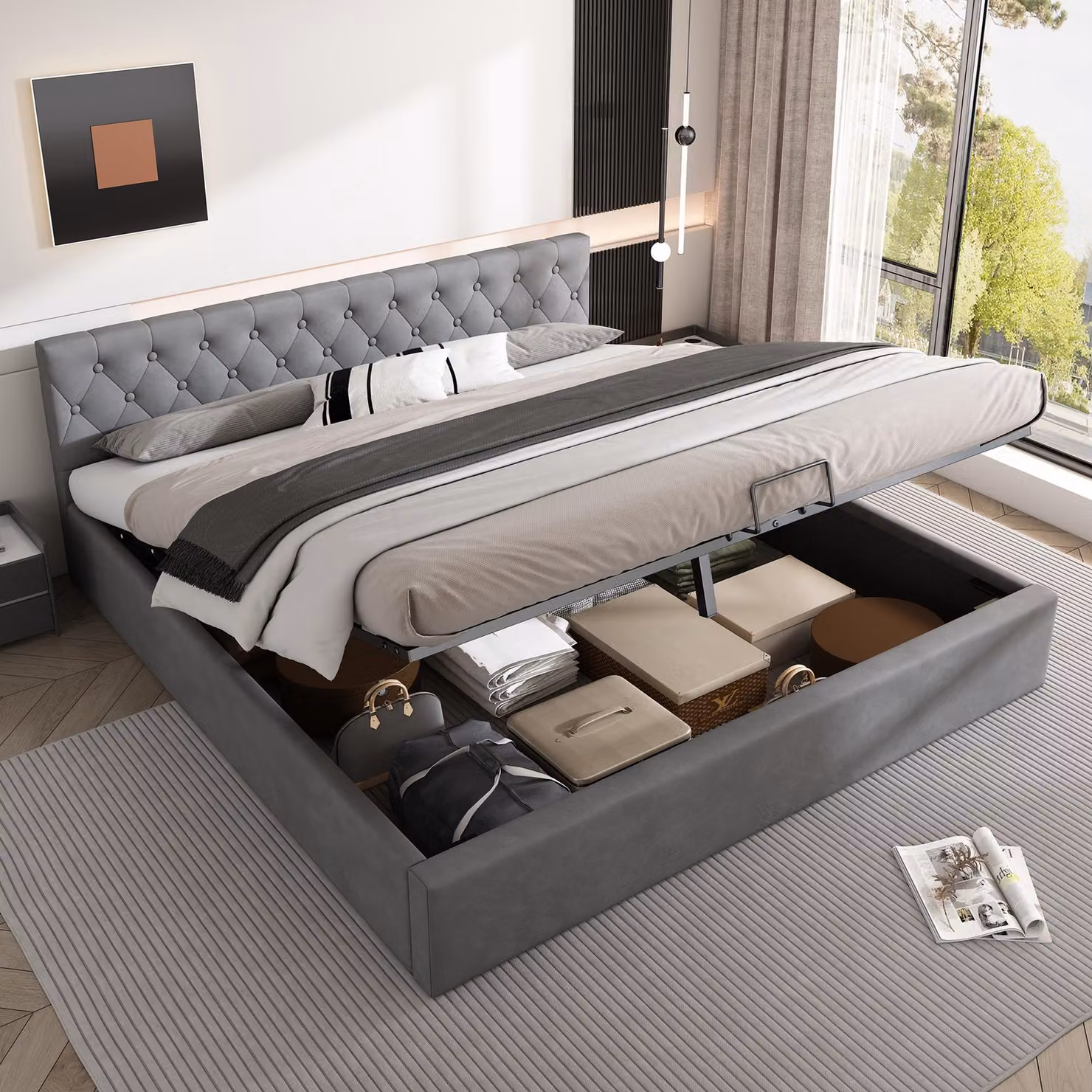 Letto imbottito 180 x 200 cm con rivestimento in velluto e contenitore a sollevamento idraulico – Letto matrimoniale con testiera imbottita fissata con bottoni e rete a doghe, letto contenitore grigio