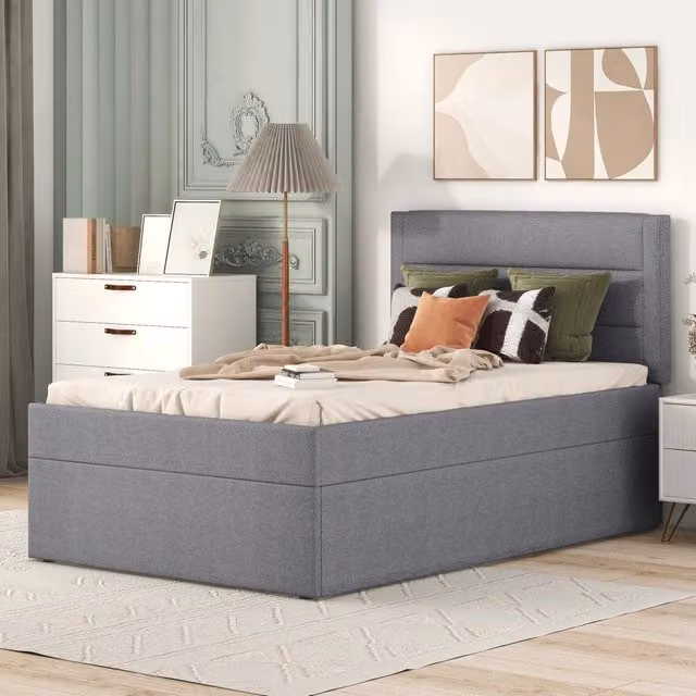 Letto singolo 90×200 cm 1 posto con vano sottoletto, senza materasso, rivestito in lino grigio e MDF