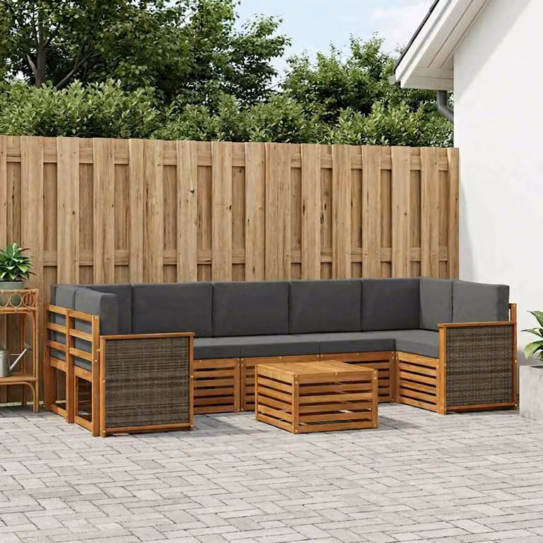 Set di divani da esterno vidaXL a forma di L composto da 8 pezzi in legno di acacia con cuscini inclusi, colori beige e antracite