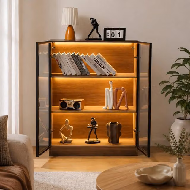 Vetrina con LED a 3 ripiani in vetro temperato e pannello truciolare color noce naturale 80 × 30 × 106 cm