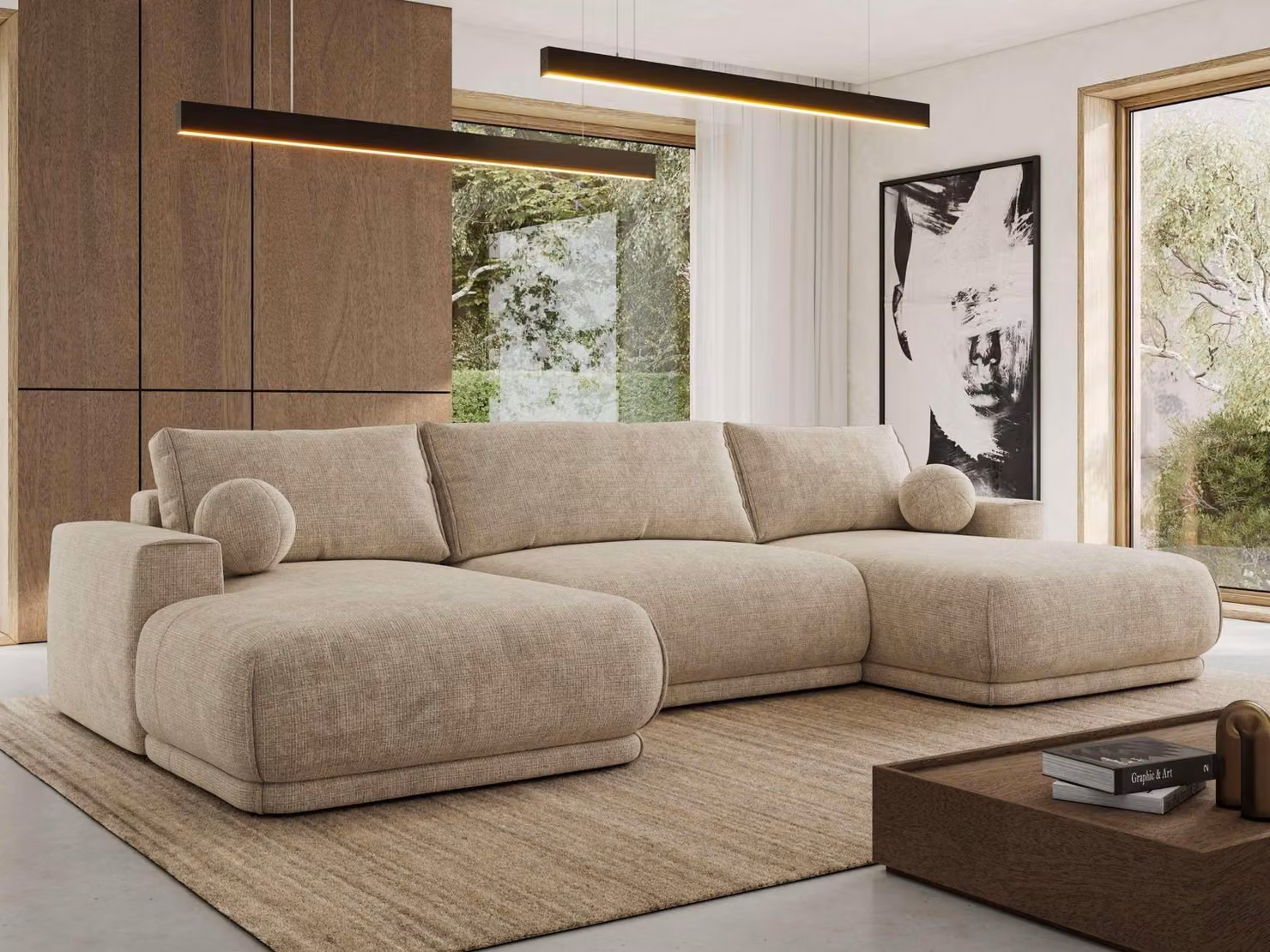 MKS MEBLE Divano ad angolo XXL RINA, divano componibile a forma di U con funzione letto e molle ondulate, funzione letto a scomparsa - Beige, ciniglia a trama larga