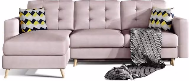 Divano angolare trasformabile MEUBLORAMA rosa con funzione letto e vano contenitore, design scandinavo in tessuto e struttura in legno massiccio, L/P/H: 248 x 162 cm