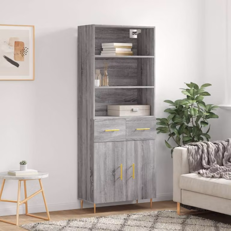 Credenza moderna vidaXL in legno multistrato e metallo, colore Grigio Sonoma, L: 69,5 cm, P: 34 cm, H: 180 cm
