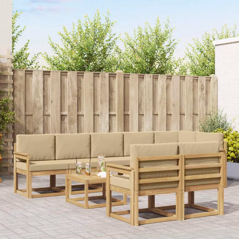 Set di divani da esterno vidaXL a forma di L con tavolino da caffè, composto da 9 pezzi in legno di acacia e tessuto bianco, beige e marrone