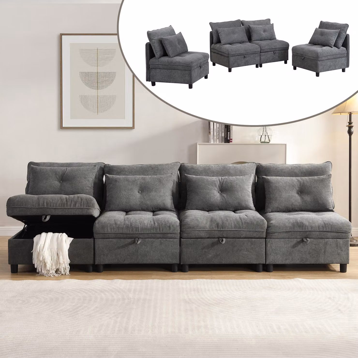Set di divani componibili Sweiko a 4 posti: liberamente combinabili+spazio per riporre i cuscini sotto tutti i sedili+funzione letto+fodera in ciniglia, design per ambienti liberi con soggiorno-sofet-combinato