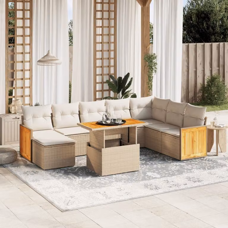 vidaXL Set Divano da Giardino 9 pz a forma di U in Polyrattan con Cuscini Beige e Tavolino da Esterno