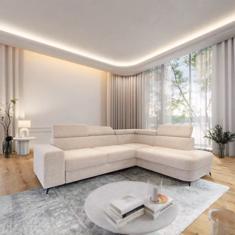 Divano ad angolo Masseno ALVORO R-S con funzione letto a L, divano con contenitore, divano da salotto, divano, divano letto, set divani - color crema, QUELLE 02