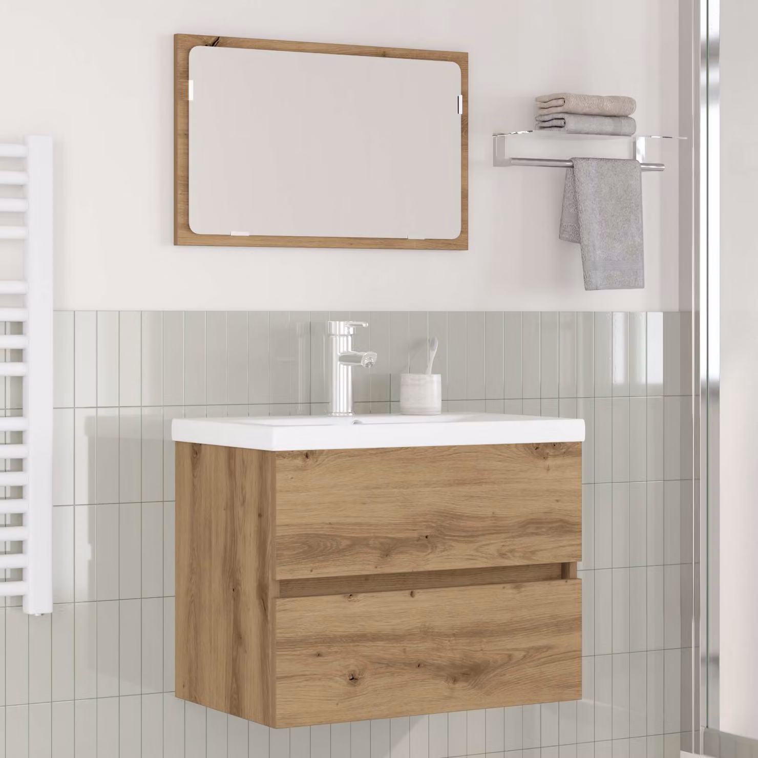 Set di mobili per il bagno moderno vidaXL in 3 pezzi color rovere con mobile lavabo e armadietto specchio