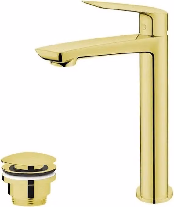 Rubinetto da lavabo con bocca alta e scarico a scomparsa Oro