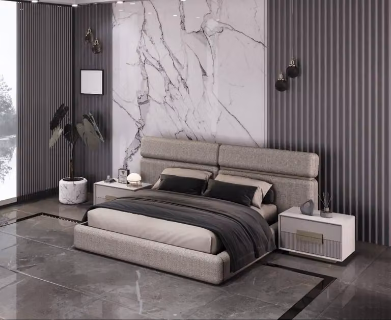 Letto moderno con testiera morbida e 2 comodini con cassetti