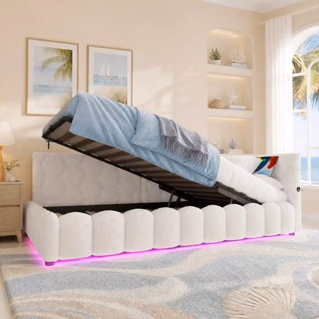 Letto da giorno ULEVR 90x200 cm con contenitore idraulico, LED multicolore, USB e Type-C, bianco