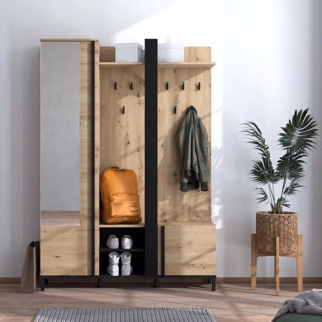 Pandino, Mobile da Ingresso Specchio Incluso, 134.5x34.5x192.5h cm Marrone Rovere Nodi