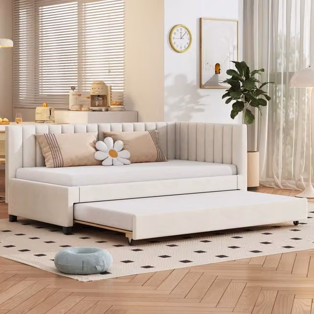 Divano letto MIVRAY con letto estraibile in velluto beige e rete a doghe L/P: 90 x 200 cm