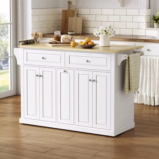 Carrello da cucina con piano ribaltabile, 2 cassetti, ruote frenanti, in MDF, naturale bianco, 121 × 69 × 89 cm