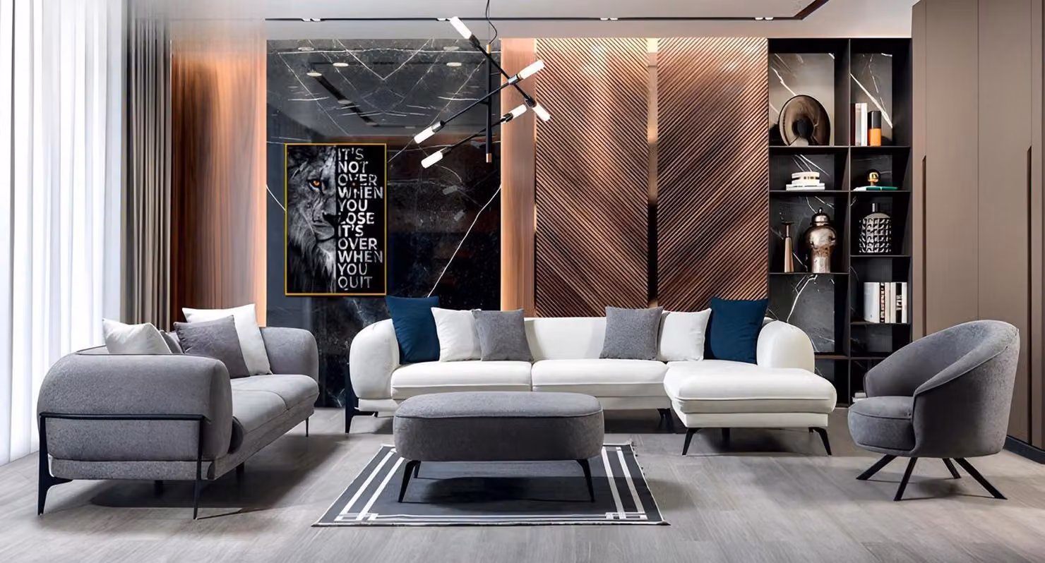 Weiß-Graue Sofas Designer Wohnzimmer Garnitur Ecksofa 3-Sitzer Sessel