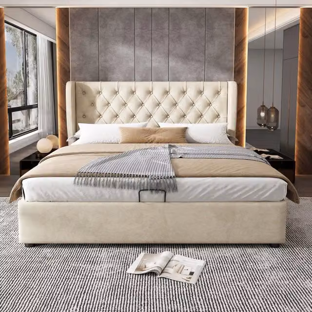 Letto matrimoniale in velluto - Xylo - 180x200cm - Beige - Idraulico senza materasso