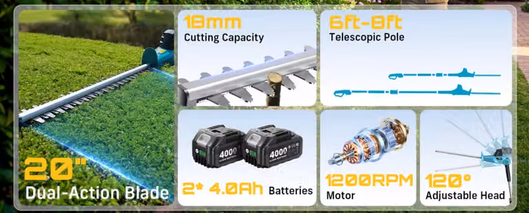 Tagliasiepi a batteria - Potatore elettrico - Senza fili - Albero telescopico da 2,4 m - Lame doppie da 50,8 cm - 2 batterie da 4,0 Ah - 18 V