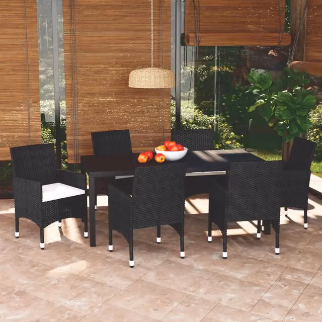 Set da Pranzo per Giardino 7 pz con Cuscini Polyrattan Nero 3095013