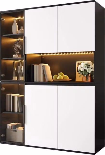 Mobile alto vetrina con elementi in vetro e LED integrati, struttura in MDF, design bianco e nero, ampio spazio contenitore per soggiorno e sala da pranzo
